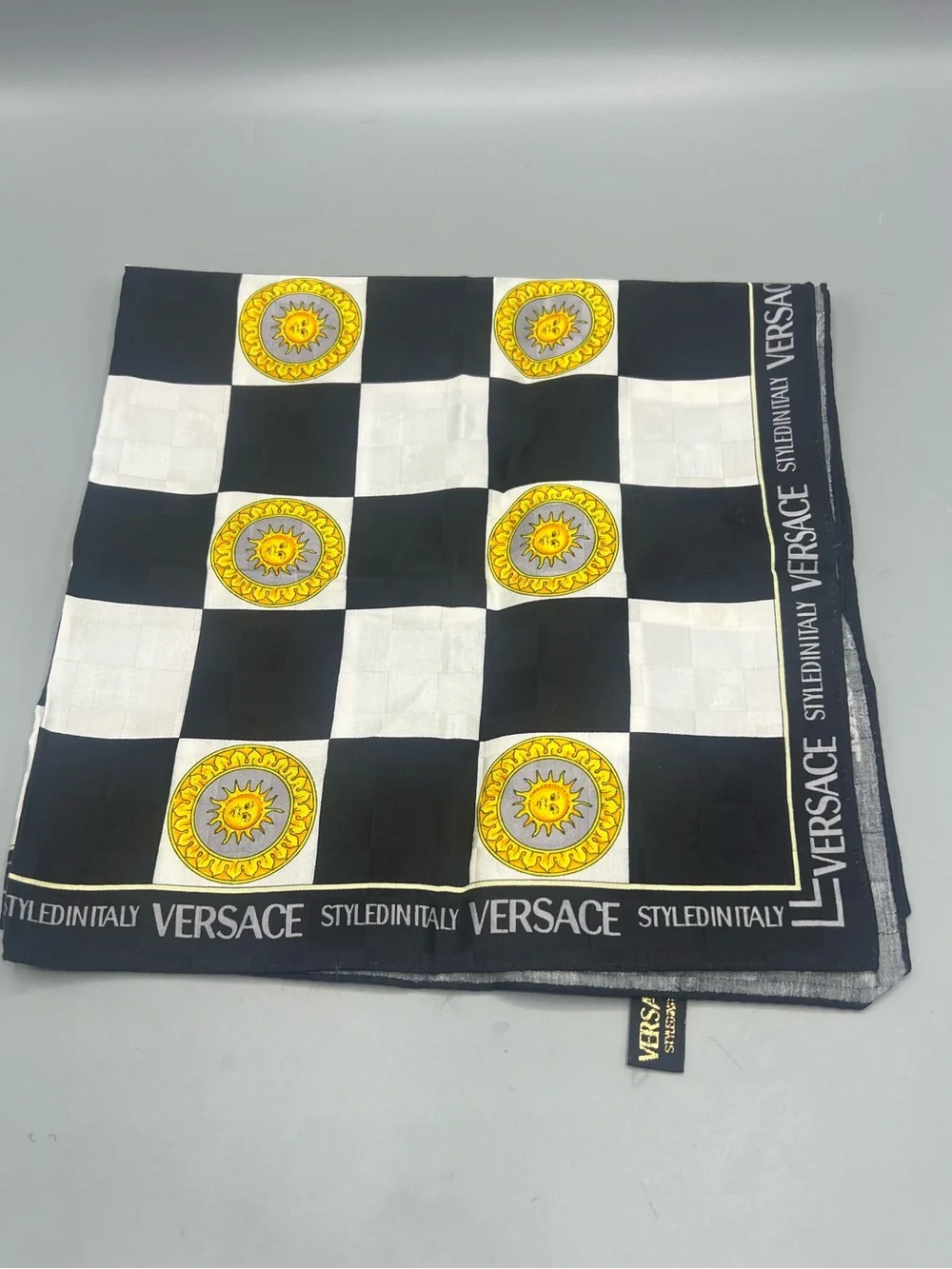 Versace Black, White & Yellow Checkerboard Medallion Sun Square Scarf